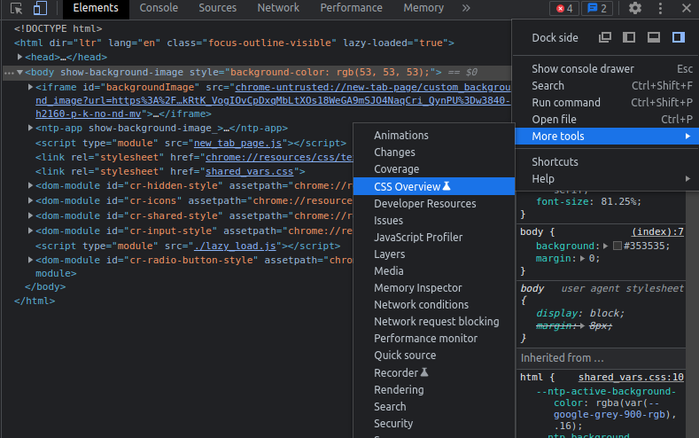image showing steps on how to access the 'CSS overview' devtool feature