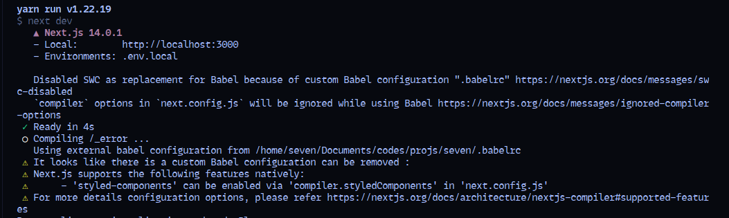 nextjs CLI interface with details about the current dev server instance running on port 3000