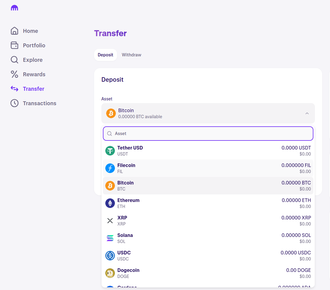 Kraken dashboard - Deposit