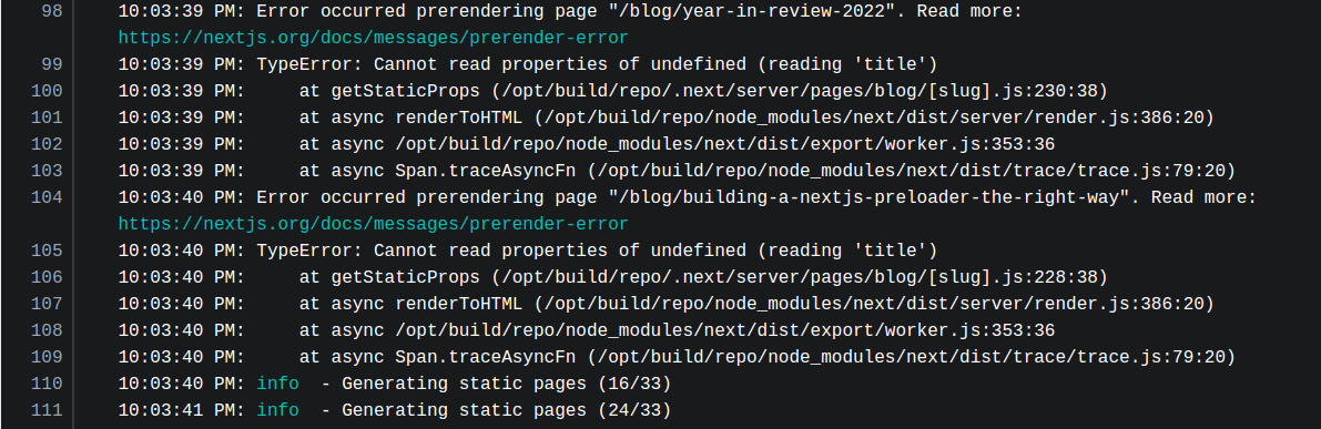 prerendering error on caleb's blog via netlify